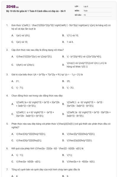 Bộ 10 đề thi giữa kì 1 Toán 8 Cánh diều có đáp án - Đề 9