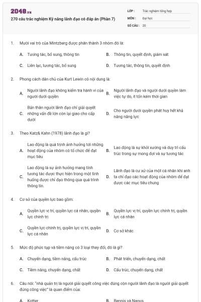 270 câu trắc nghiệm Kỹ năng lãnh đạo có đáp án (Phần 7)