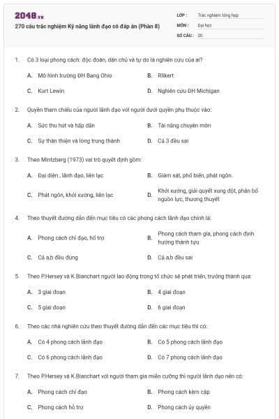 270 câu trắc nghiệm Kỹ năng lãnh đạo có đáp án (Phần 8)