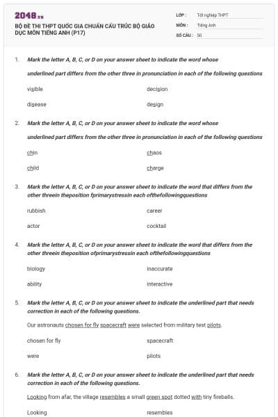 BỘ ĐỀ THI THPT QUỐC GIA CHUẨN CẤU TRÚC BỘ GIÁO DỤC MÔN TIẾNG ANH (P17)