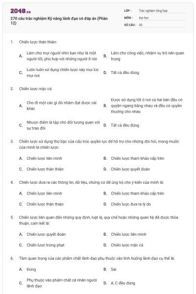 270 câu trắc nghiệm Kỹ năng lãnh đạo có đáp án (Phần 12)