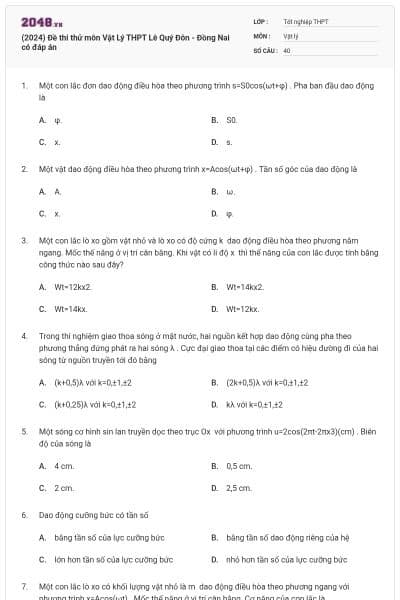 (2024) Đề thi thử môn Vật Lý THPT Lê Quý Đôn - Đồng Nai có đáp án