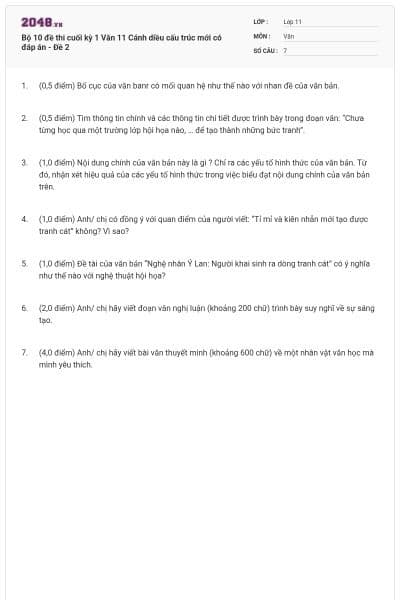 Bộ 10 đề thi cuối kỳ 1 Văn 11 Cánh diều cấu trúc mới có đáp án - Đề 2