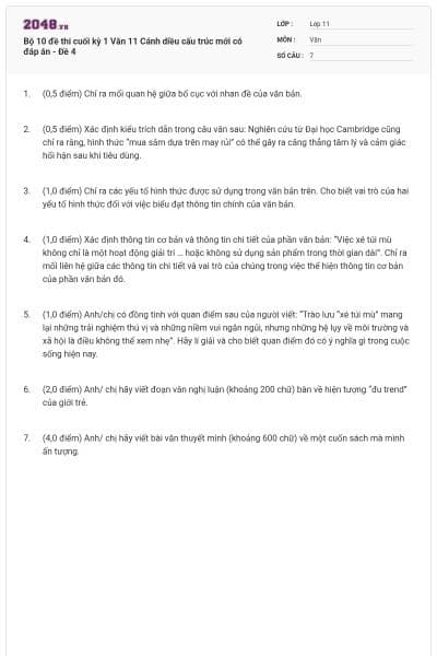 Bộ 10 đề thi cuối kỳ 1 Văn 11 Cánh diều cấu trúc mới có đáp án - Đề 4