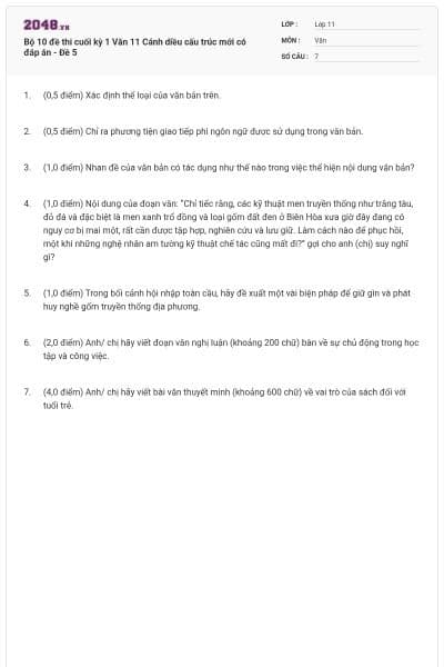 Bộ 10 đề thi cuối kỳ 1 Văn 11 Cánh diều cấu trúc mới có đáp án - Đề 5