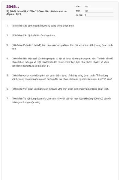 Bộ 10 đề thi cuối kỳ 1 Văn 11 Cánh diều cấu trúc mới có đáp án - Đề 9