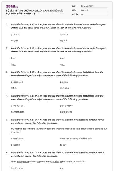 BỘ ĐỀ THI THPT QUỐC GIA CHUẨN CẤU TRÚC BỘ GIÁO DỤC MÔN TIẾNG ANH (P20)