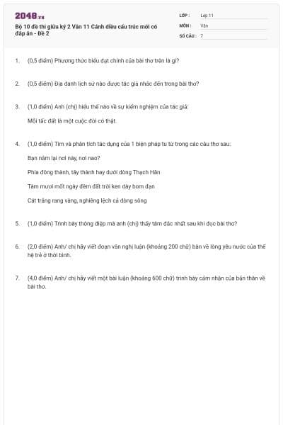 Bộ 10 đề thi giữa ký 2 Văn 11 Cánh diều cấu trúc mới có đáp án - Đề 2