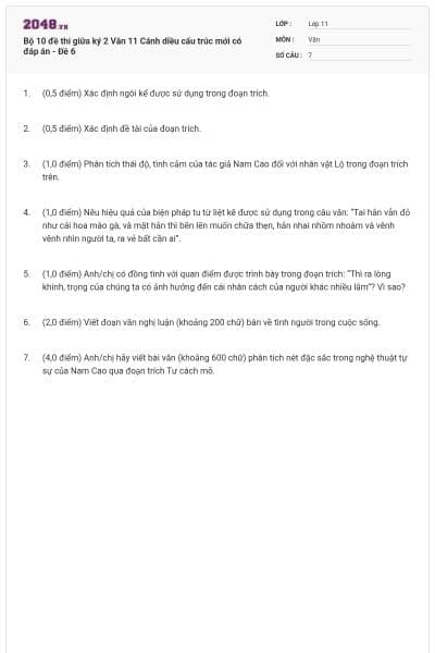 Bộ 10 đề thi giữa ký 2 Văn 11 Cánh diều cấu trúc mới có đáp án - Đề 6