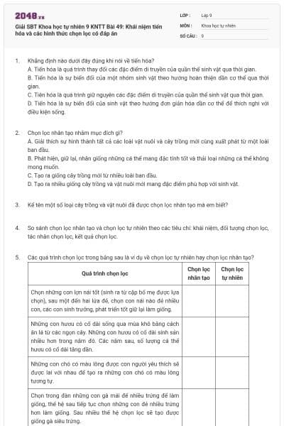 Giải SBT Khoa học tự nhiên 9 KNTT Bài 49: Khái niệm tiến hóa và các hình thức chọn lọc có đáp án