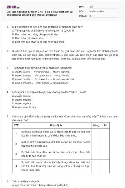 Giải SBT Khoa học tự nhiên 9 KNTT Bài 51: Sự phát sinh và phá triển của sự sống trên Trái Đất có đáp án