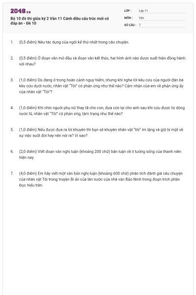 Bộ 10 đề thi giữa ký 2 Văn 11 Cánh diều cấu trúc mới có đáp án - Đề 10