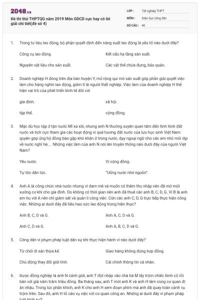 Đề thi thử THPTQG năm 2019 Môn GDCD cực hay có lời giải chi tiết(đề số 4)