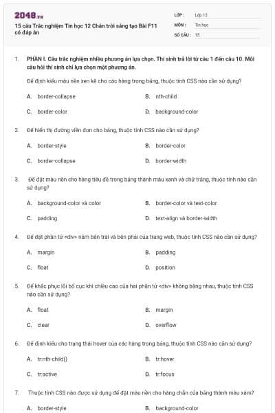 15 câu Trắc nghiệm Tin học 12 Chân trời sáng tạo Bài F11 có đáp án