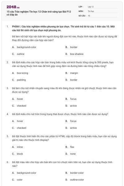 15 câu Trắc nghiệm Tin học 12 Chân trời sáng tạo Bài F12 có đáp án