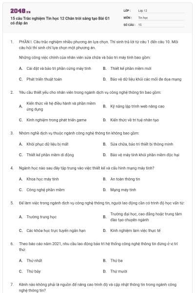 15 câu Trắc nghiệm Tin học 12 Chân trời sáng tạo Bài G1 có đáp án