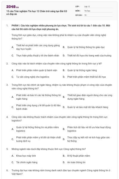 15 câu Trắc nghiệm Tin học 12 Chân trời sáng tạo Bài G3 có đáp án