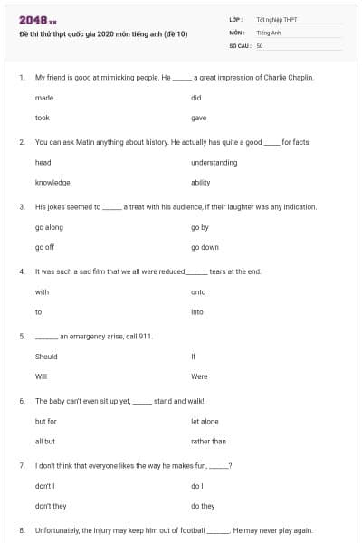 Đề thi thử thpt quốc gia 2020 môn tiếng anh (đề 10)