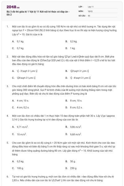 Bộ 3 đề thi giữa kì 1 Vật lý 11 Kết nối tri thức có đáp án - Đề 2