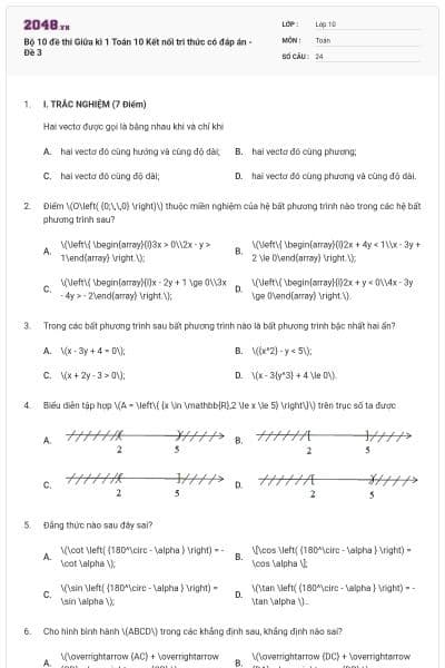 Bộ 10 đề thi Giữa kì 1 Toán 10 Kết nối tri thức có đáp án - Đề 3