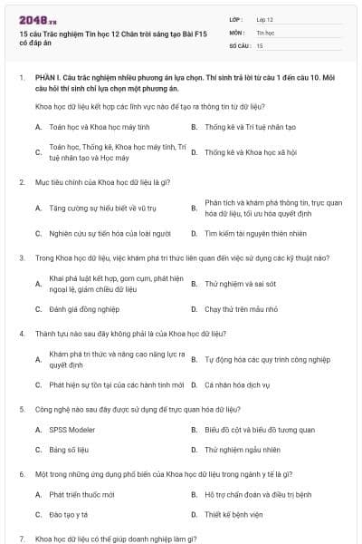 15 câu Trắc nghiệm Tin học 12 Chân trời sáng tạo Bài F15 có đáp án