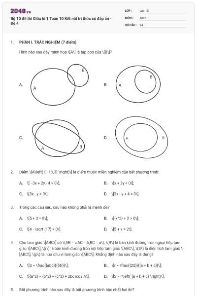 Bộ 10 đề thi Giữa kì 1 Toán 10 Kết nối tri thức có đáp án - Đề 4
