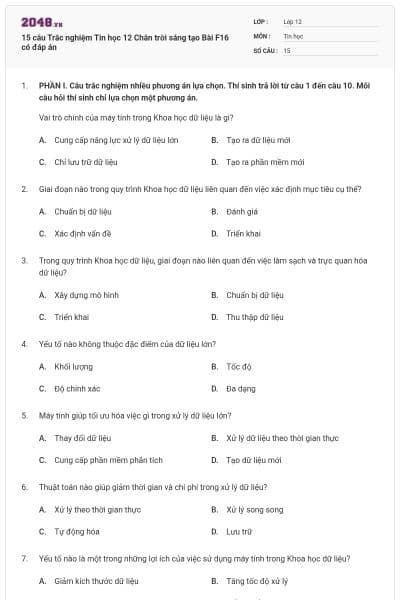 15 câu Trắc nghiệm Tin học 12 Chân trời sáng tạo Bài F16 có đáp án