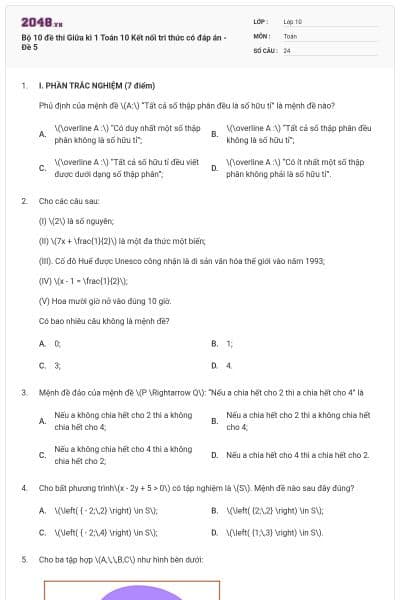 Bộ 10 đề thi Giữa kì 1 Toán 10 Kết nối tri thức có đáp án - Đề 5