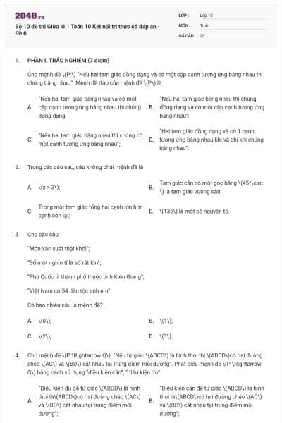 Bộ 10 đề thi Giữa kì 1 Toán 10 Kết nối tri thức có đáp án - Đề 6