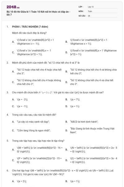 Bộ 10 đề thi Giữa kì 1 Toán 10 Kết nối tri thức có đáp án - Đề 7