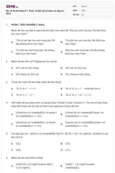 Bộ 10 đề thi Giữa kì 1 Toán 10 Kết nối tri thức có đáp án - Đề 8