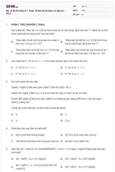 Bộ 10 đề thi Giữa kì 1 Toán 10 Kết nối tri thức có đáp án - Đề 9