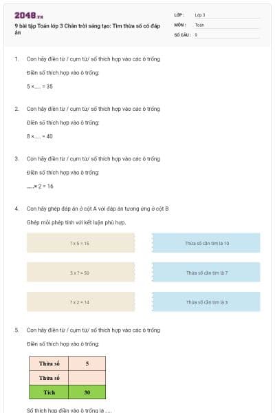 9 bài tập Toán lớp 3 Chân trời sáng tạo: Tìm thừa số có đáp án