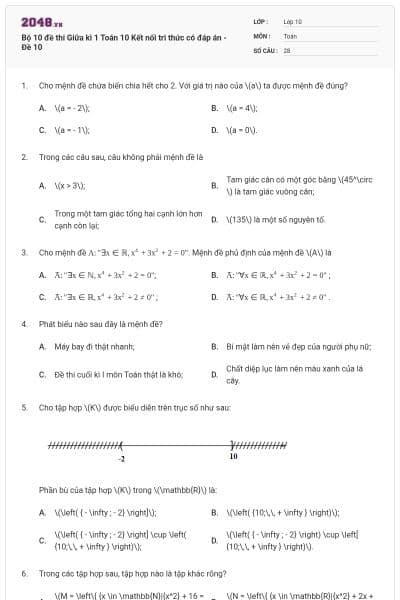 Bộ 10 đề thi Giữa kì 1 Toán 10 Kết nối tri thức có đáp án - Đề 10