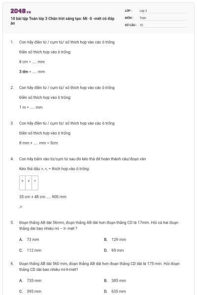 10 bài tập Toán lớp 3 Chân trời sáng tạo: Mi -li -mét có đáp án