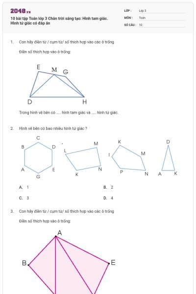 10 bài tập Toán lớp 3 Chân trời sáng tạo: Hình tam giác. Hình tứ giác có đáp án