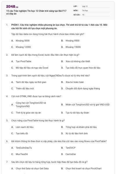 15 câu Trắc nghiệm Tin học 12 Chân trời sáng tạo Bài F17 có đáp án