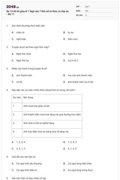 Bộ 15 đề thi giữa kì 1 Ngữ văn 7 Kết nối tri thức có đáp án - Đề 11