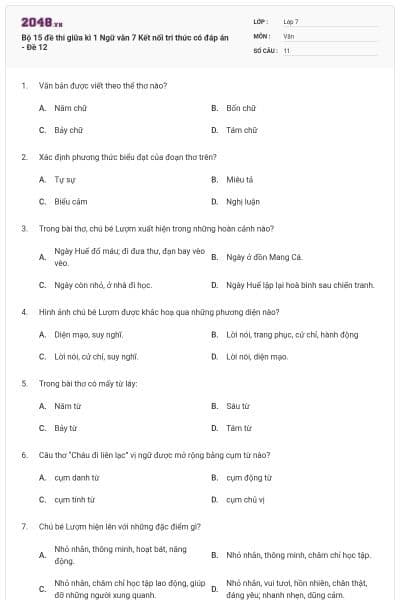 Bộ 15 đề thi giữa kì 1 Ngữ văn 7 Kết nối tri thức có đáp án - Đề 12