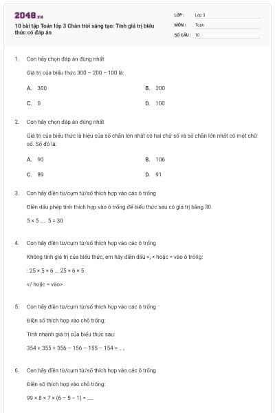 10 bài tập Toán lớp 3 Chân trời sáng tạo: Tính giá trị biểu thức có đáp án