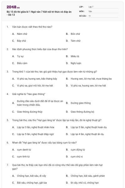 Bộ 15 đề thi giữa kì 1 Ngữ văn 7 Kết nối tri thức có đáp án - Đề 13