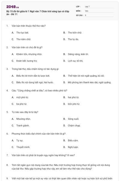 Bộ 15 đề thi giữa kì 1 Ngữ văn 7 Chân trời sáng tạo có đáp án - Đề 11