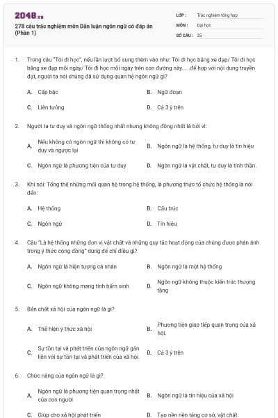 278 câu trắc nghiệm môn Dẫn luận ngôn ngữ có đáp án (Phần 1)