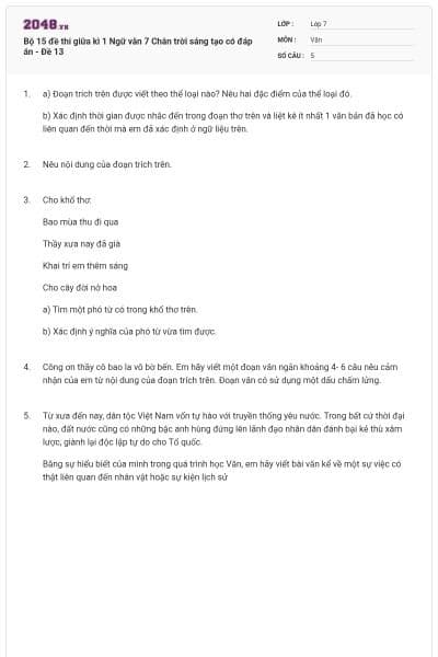 Bộ 15 đề thi giữa kì 1 Ngữ văn 7 Chân trời sáng tạo có đáp án - Đề 13