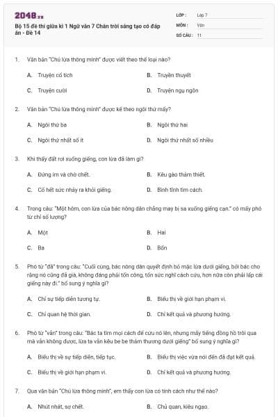 Bộ 15 đề thi giữa kì 1 Ngữ văn 7 Chân trời sáng tạo có đáp án - Đề 14