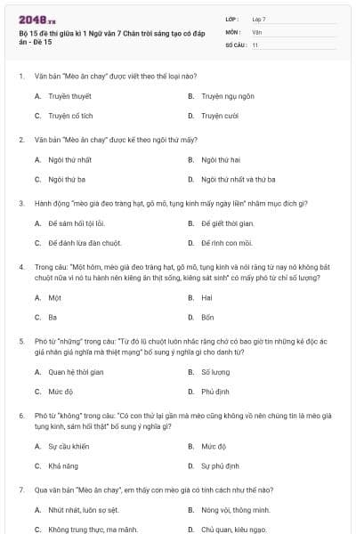 Bộ 15 đề thi giữa kì 1 Ngữ văn 7 Chân trời sáng tạo có đáp án - Đề 15