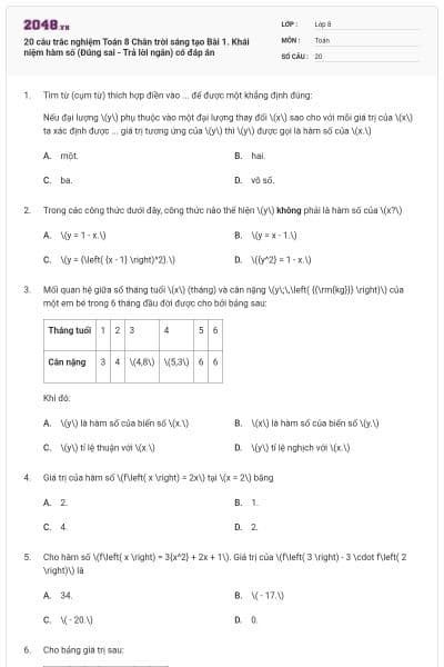 20 câu trắc nghiệm Toán 8 Chân trời sáng tạo Bài 1. Khái niệm hàm số (Đúng sai - Trả lời ngắn) có đáp án
