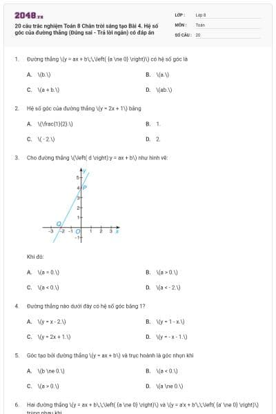 20 câu trắc nghiệm Toán 8 Chân trời sáng tạo Bài 4. Hệ số góc của đường thẳng (Đúng sai - Trả lời ngắn) có đáp án