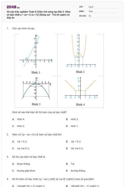 20 câu trắc nghiệm Toán 8 Chân trời sáng tạo Bài 3. Hàm số bậc nhất y = ax + b (a ≠ 0) (Đúng sai - Trả lời ngắn) có đáp án