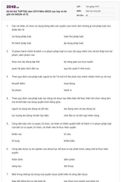 Đề thi thử THPTQG năm 2019 Môn GDCD cực hay có lời giải chi tiết(đề số 5)
